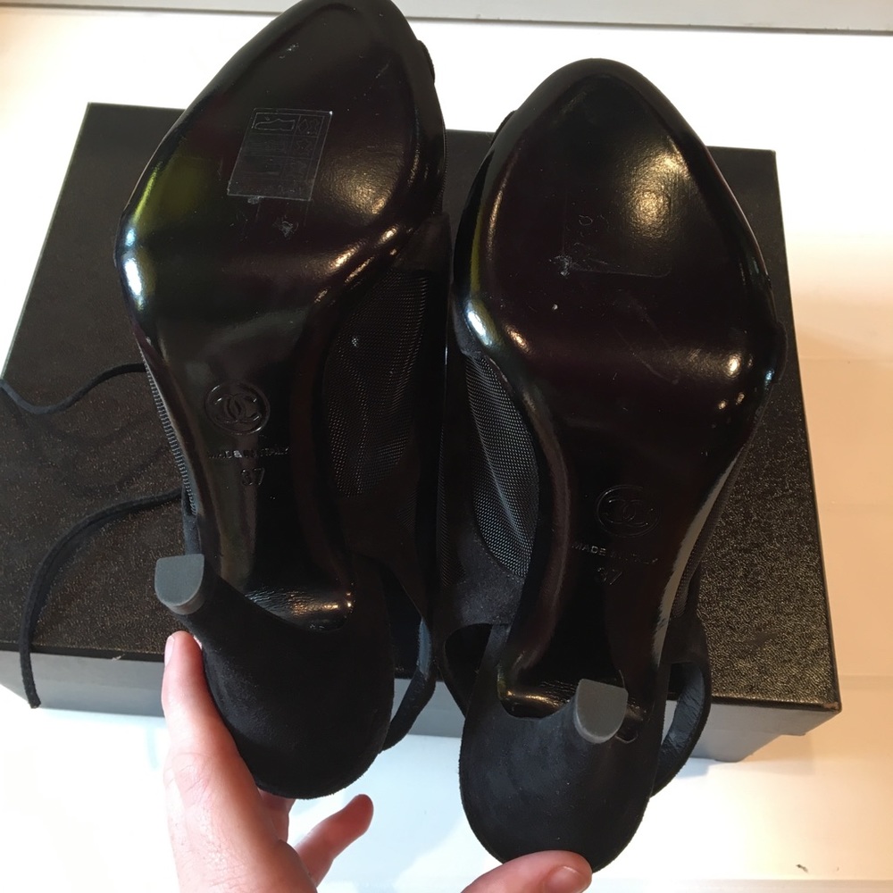CHANEL Black Mesh Lace-Up Open-Toe Heels - Picture 7 of 8